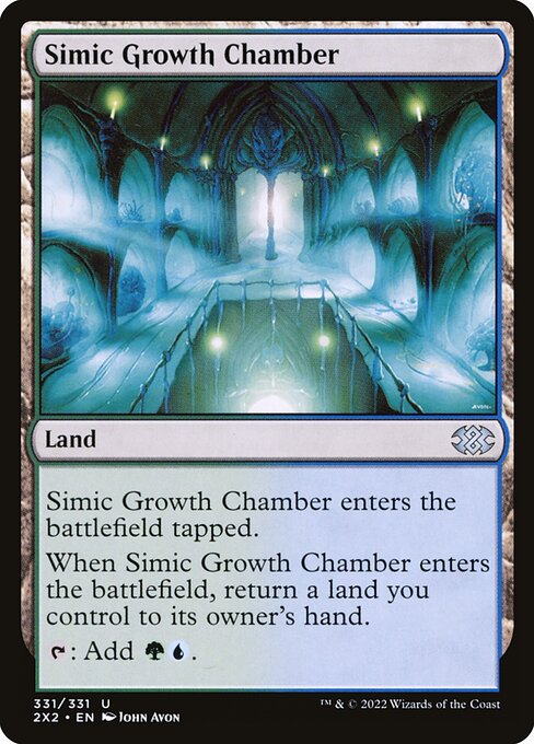Simic Growth Chamber
Land
This land enters tapped.
When this land enters, return a land you control to its owner's hand.
{T}: Add {G}{U}.