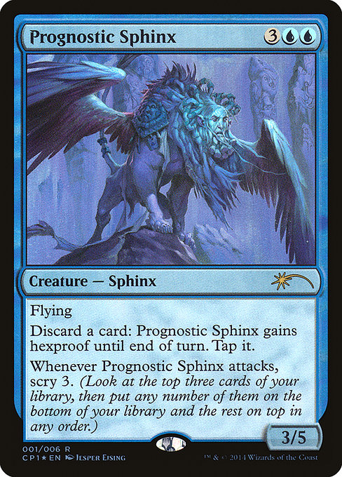 Prognostic Sphinx
Creature — Sphinx
Flying
Discard a card: This creature gains hexproof until end of turn. Tap it.
Whenever this creature attacks, scry 3.
3/5