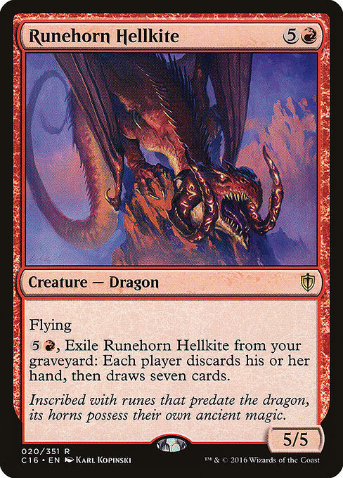 Runehorn Hellkite
Creature — Dragon
Flying
{5}{R}, Exile this card from your graveyard: Each player discards their hand, then draws seven cards.
5/5