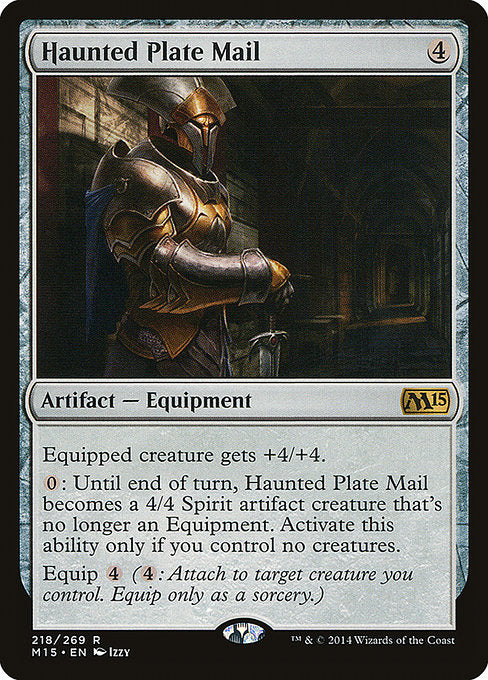Haunted Plate Mail
Artifact — Equipment
Equipped creature gets +4/+4.
{0}: Until end of turn, this permanent becomes a 4/4 Spirit artifact creature that's no longer an Equipment. Activate only if you control no creatures.
Equip {4} ({4}: Attach to target creature you control. Equip only as a sorcery.)