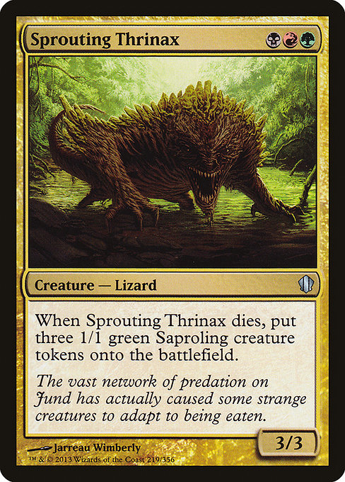 Sprouting Thrinax
Creature — Lizard
When this creature dies, create three 1/1 green Saproling creature tokens.
3/3