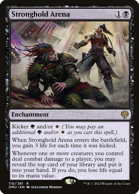 Stronghold Arena
Enchantment
Kicker {G} and/or {W} (You may pay an additional {G} and/or {W} as you cast this spell.)
When this enchantment enters, you gain 3 life for each time it was kicked.
Whenever one or more creatures you control deal combat damage to a player, you may reveal the top card of your library and put it into your hand. If you do, you lose life equal to its mana value.