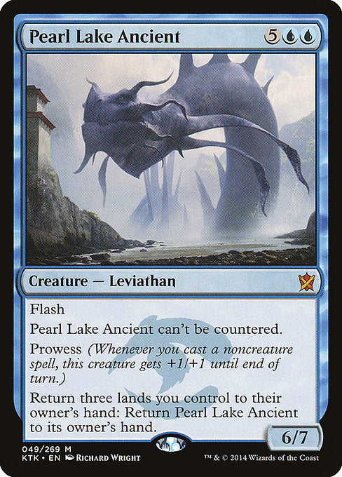 Pearl Lake Ancient
Creature — Leviathan
Flash
This spell can't be countered.
Prowess (Whenever you cast a noncreature spell, this creature gets +1/+1 until end of turn.)
Return three lands you control to their owner's hand: Return this creature to its owner's hand.
6/7