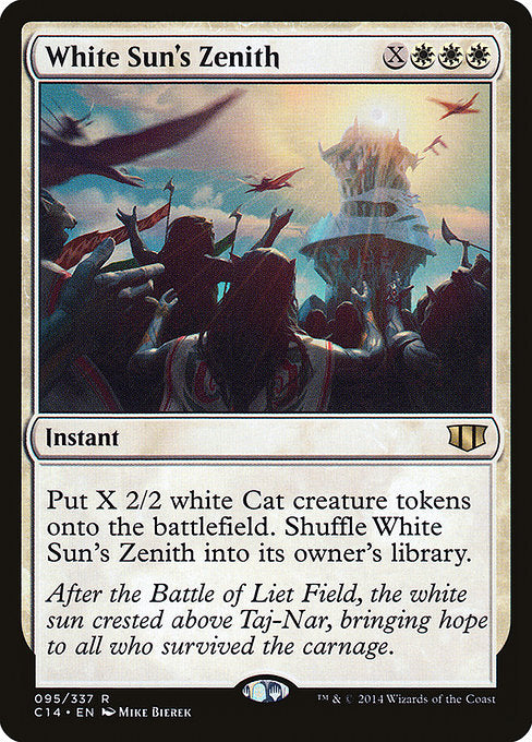 White Sun's Zenith
Instant
Create X 2/2 white Cat creature tokens. Shuffle White Sun's Zenith into its owner's library.
