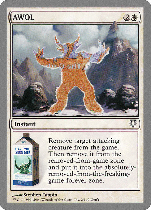 AWOL
Instant
Exile target attacking creature. Then remove it from the game. Then put it into the absolutely-removed-from-the-freaking-game-forever zone.