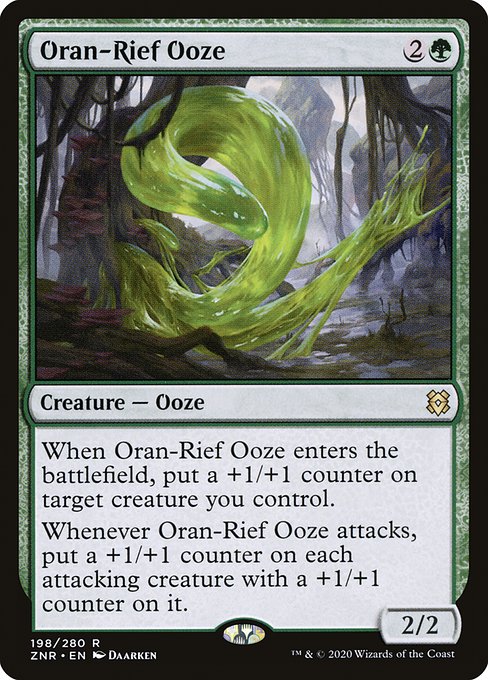 Oran-Rief Ooze
Creature — Ooze
When this creature enters, put a +1/+1 counter on target creature you control.
Whenever this creature attacks, put a +1/+1 counter on each attacking creature with a +1/+1 counter on it.
2/2