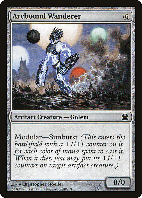 Arcbound Wanderer
Artifact Creature — Golem
Modular—Sunburst (This creature enters with a +1/+1 counter on it for each color of mana spent to cast it. When it dies, you may put its +1/+1 counters on target artifact creature.)
0/0