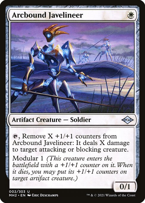 Arcbound Javelineer
Artifact Creature — Soldier
{T}, Remove X +1/+1 counters from this creature: It deals X damage to target attacking or blocking creature.
Modular 1 (This creature enters with a +1/+1 counter on it. When it dies, you may put its +1/+1 counters on target artifact creature.)
0/1