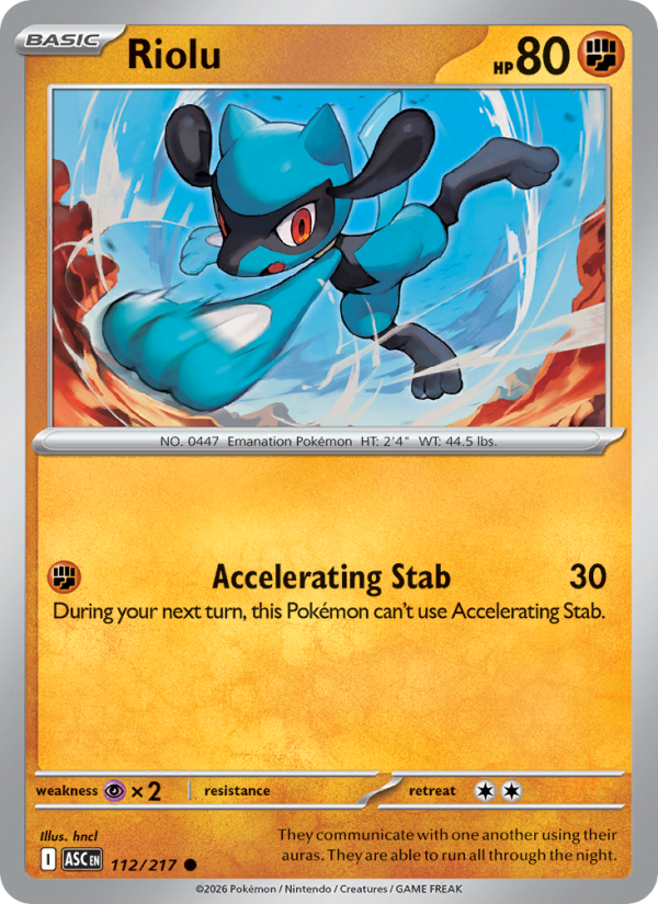 Riolu
Basic
Type: Fighting
HP: 80
Accelerating Stab — 30: During your next turn, this Pokémon can't use Accelerating Stab.
Retreat: 2