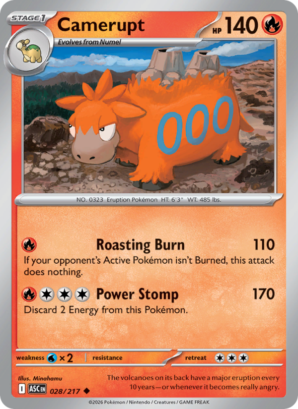 Camerupt
Stage1
Type: Fire
HP: 140
Roasting Burn — 110: If your opponent's Active Pokémon isn't Burned, this attack does nothing.
Power Stomp — 170: Discard 2 Energy from this Pokémon.
Retreat: 3