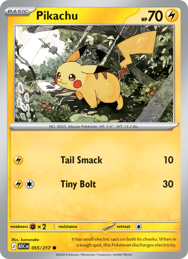 Pikachu
Basic
Type: Lightning
HP: 70
Tail Smack — 10
Tiny Bolt — 30
Retreat: 1