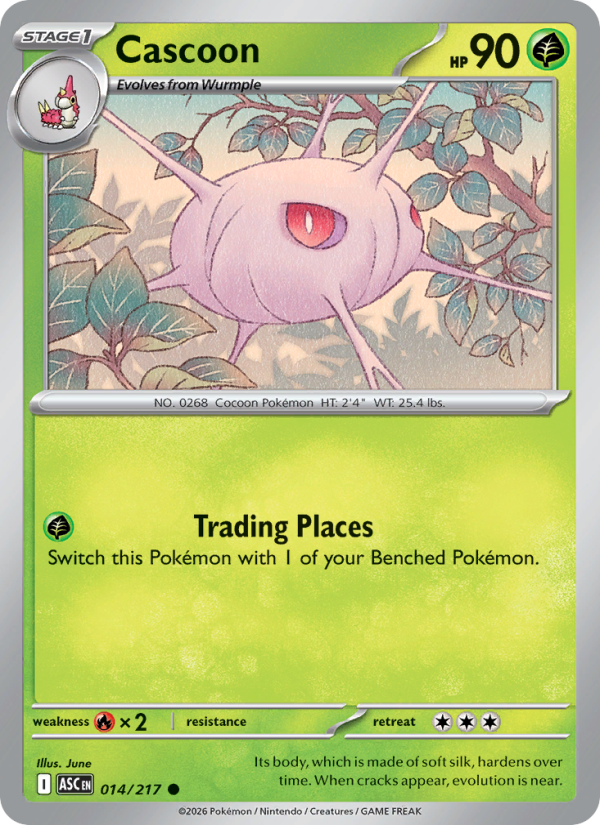 Cascoon
Stage1
Type: Grass
HP: 90
Trading Places: Switch this Pokémon with 1 of your Benched Pokémon.
Retreat: 3