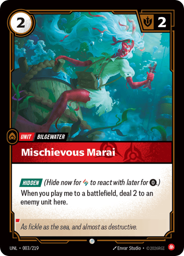 Rules
[Hidden] (Hide now for {RR} to react with later for {0}.)
When you play me to a battlefield, deal 2 to an enemy unit here.
Energy
2
Might
2
Domain
Fury
Rarity
Common
Number
003/219
Artist
Envar Studio
Expansion
Unleashed