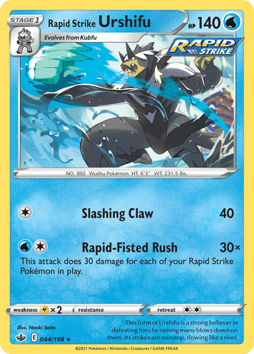 Rapid Strike Urshifu 
Chilling Reign 
Product Details
Card Number / Rarity:044/198 / Holo Rare
Card Type / HP / Stage:Water / 140 / Stage 1
Attack 1:[1] Slashing Claw (40)
Attack 2:[1W] Rapid-Fisted Rush (30x)
This attack does 30 damage for each of your Rapid Strike Pokemon in play.
Weakness / Resistance / Retreat Cost:Lx2 / None / 2
