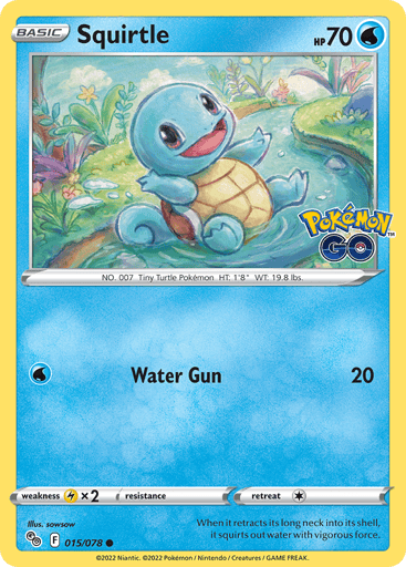 Squirtle
Pokemon GO
Product Details
Card Number / Rarity:015/078 / Common
Card Type / HP / Stage:Water / 70 / Basic
Attack 1:[W] Water Gun (20)
Weakness / Resistance / Retreat Cost:Lx2 / None / 1