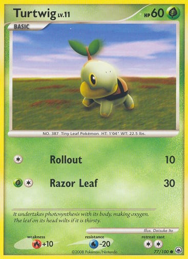 Turtwig  
Majestic Dawn  
Product Details
Card Number / Rarity:77/100 / Common
Card Type / HP / Stage:Grass / 60 / Basic
Attack 1:[1] Rollout (10)
Attack 2:[1G] Razor Leaf (30)
Weakness / Resistance / Retreat Cost:R+10 / W-20 / 2