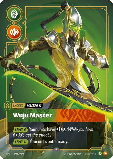 Rules
[Level 6][>] Your units have +1 {M}. (While you have 6+ XP, get the effect.)
[Level 11][>] Your units enter ready.
Energy
-
Might
-
Domain
Calm
Rarity
Rare
Number
191/219
Artist
Envar Studio
Expansion
Unleashed