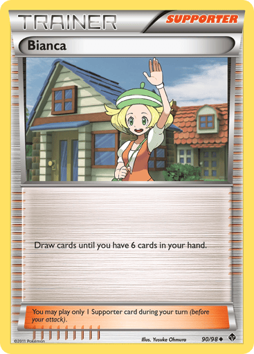 Bianca  
Emerging Powers 
Product Details
Card Number / Rarity:90/98 / Uncommon
Card Type / HP / Stage:Supporter / 0 / Supporter
Card Text:You may play only 1 Supporter card per turn (before your attack).
Attack 1:Draw cards until you have 6 cards in your hand.