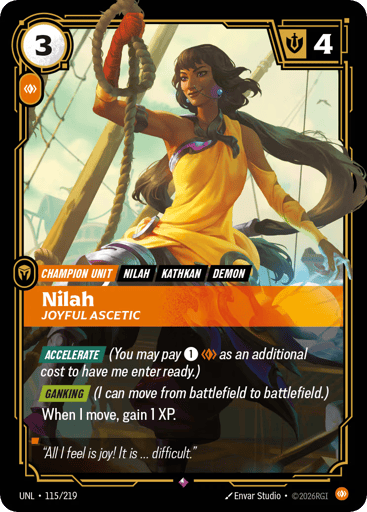 Rules
[Accelerate] (You may pay {1}{BR} as an additional cost to have me enter ready.)
[Ganking] (I can move from battlefield to battlefield.)
When I move, gain 1 XP.
Energy
3
Might
4
Domain
Body
Rarity
Rare
Number
115/219
Artist
Envar Studio
Expansion
Unleashed