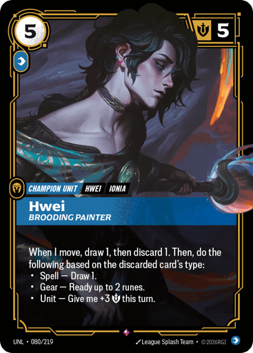 Rules
When I move, draw 1, then discard 1. Then, do the following based on the discarded card's type:
Energy
5
Might
5
Domain
Mind
Rarity
Rare
Number
080/219
Artist
League Splash Team
Expansion
Unleashed