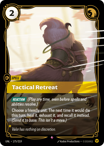 Rules
[Reaction] (Play any time, even before spells and abilities resolve.)
Choose a friendly unit. The next time it would die this turn, heal it, exhaust it, and recall it instead. (Send it to base. This isn't a move.)
Energy
2
Might
-
Domain
Order
Rarity
Rare
Number
175/219
Artist
Kudos Productions
Expansion
Unleashed