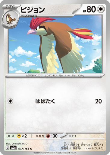 Pidgeotto (Poke Ball Pattern) 
SV2a: Pokemon Card 151 
Product Details
Rarity:Common
Number:017/165
Card Type:Colorless
HP:80
Stage:Stage 1
Weakness:Lightning x2
Resistance:Fighting -30
Retreat Cost:0
Attack 1:[Colorless] Flap (20)
Flavor Text:Very protective of its sprawling territorial area, this Pokémon will fiercely peck at any intruder.