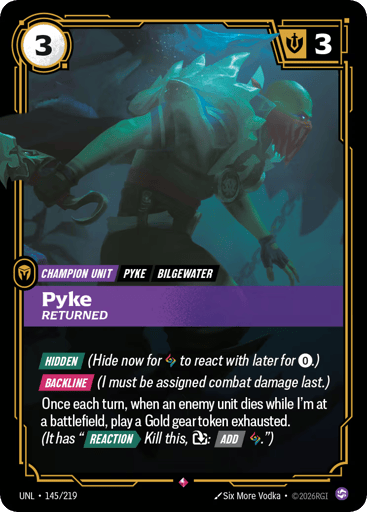 Rules
[Hidden] (Hide now for {RR} to react with later for {0}.)
[Backline] (I must be assigned combat damage last.)
Once each turn, when an enemy unit dies while I'm at a battlefield, play a Gold gear token exhausted. (It has "[Reaction][>] Kill this, {E}: [Add] {RR}.")
Energy
3
Might
3
Domain
Chaos
Rarity
Rare
Number
145/219
Artist
Six More Vodka
Expansion
Unleashed