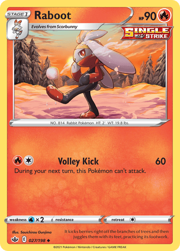Raboot
Chilling Reign
Product Details
Card Number / Rarity:027/198 / Uncommon
Card Type / HP / Stage:Fire / 90 / Stage 1
Attack 1:[1R] Volley Kick (60)
During your next turn, this Pokemon can't attack.
Weakness / Resistance / Retreat Cost:Wx2 / None / 1