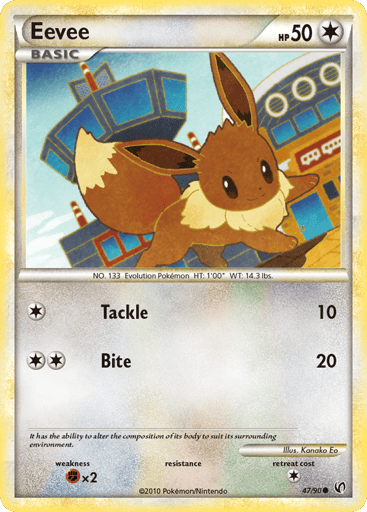 Eevee  
Undaunted  
Product Details
Card Number / Rarity:47/90 / Common
Card Type / HP / Stage:Colorless / 50 / Basic
Attack 1:[1] Tackle (10)
Attack 2:[2] Bite (20)
Weakness / Resistance / Retreat Cost:Fx2 / / 1