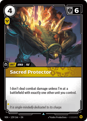 Sacred Protector
Vendetta
Product Details
I don't deal combat damage unless I'm at a battlefield with exactly one other unit you control.
Rarity:Uncommon
Number:129/166
Energy Cost:4
Power Cost:1
Might:6
Card Type:Unit
Tag:Ionia;Fae
Domain:Order