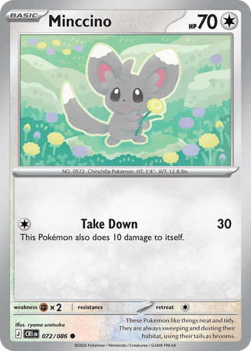 Minccino 
Product Details
Card Number / Rarity:072/086 / Common
Card Type / HP / Stage:Colorless / 70 / Basic
Attack 1:[C] Take Down (30)
This Pokémon also does 10 damage to itself.
Weakness / Resistance / Retreat Cost:Fx2 / / 1