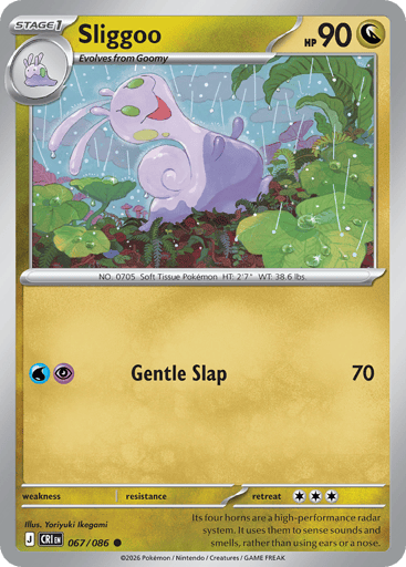 Sliggoo
Product Details
Card Number / Rarity:067/086 / Common
Card Type / HP / Stage:Dragon / 90 / Stage 1
Attack 1:[WP] Gentle Slap (70)
Weakness / Resistance / Retreat Cost: / / 3