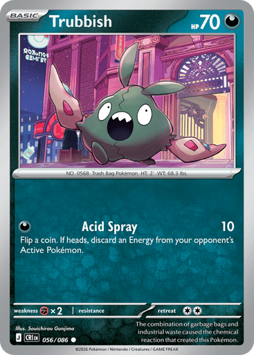 Trubbish 
Product Details
Card Number / Rarity:056/086 / Common
Card Type / HP / Stage:Darkness / 70 / Basic
Attack 1:[D] Acid Spray (10)
Flip a coin. If heads, discard an Energy from your opponent's Active Pokémon.
Weakness / Resistance / Retreat Cost:Fx2 / / 2
