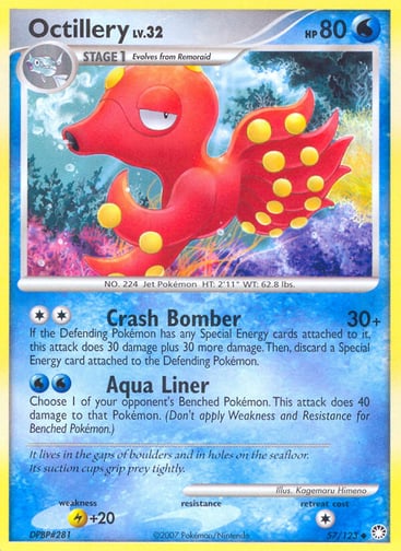 Octillery  
Mysterious Treasures  
Product Details
Card Number / Rarity:57/123 / Uncommon
Card Type / HP / Stage:Water / 80 / Stage 1
Attack 1:[2] Crash Bomber (30+)
If the Defending Pokémon has any Special Energy cards attached to it, this attack does 30 damage plus 30 more damage. Then, discard a Special Energy card attached to the Defending Pokémon.
Attack 2:[WW] Aqua Liner