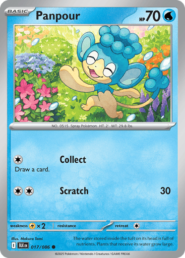 Panpour  
Black Bolt 
Product Details
Card Number / Rarity:017/086 / Common
Card Type / HP / Stage:Water / 70 / Basic
Attack 1:[C] Collect
Draw a card.
Attack 2:[CC] Scratch (30)
Weakness / Resistance / Retreat Cost:Lx2 / / 1