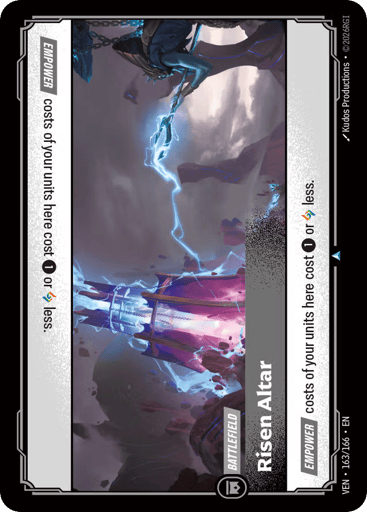 Risen Altar
Vendetta
Product Details
[EMPOWER] costs of your units here cost 1 or Rune less.
Rarity:Uncommon
Number:163/166
Card Type:Battlefield