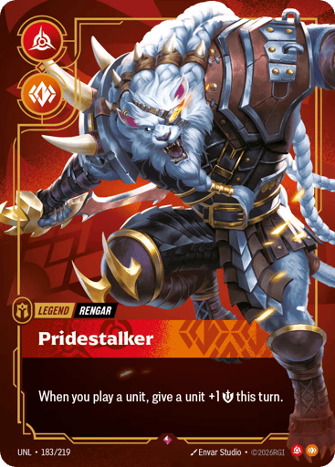 Rules
When you play a unit, give a unit +1 {M} this turn.
Energy
-
Might
-
Domain
Fury
Rarity
Rare
Number
183/219
Artist
Envar Studio
Expansion
Unleashed