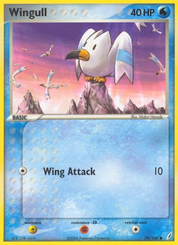 Wingull  
Crystal Guardians  
Product Details
Card Number / Rarity:70/100 / Common
Card Type / HP / Stage:Water / 40 / Basic
Attack 1:[1] Wing Attack (10)
Weakness / Resistance / Retreat Cost:L / F / 1