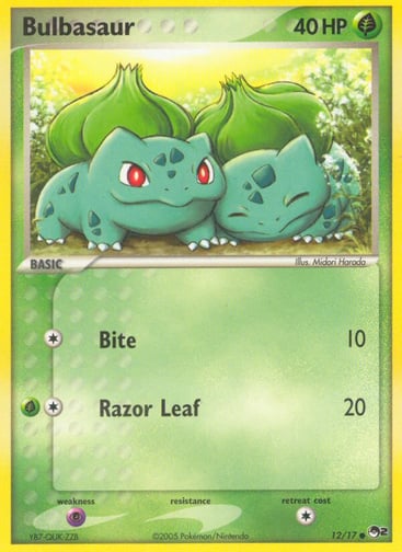 Bulbasaur  
POP Series 2 
Product Details
Card Number / Rarity:012/17 / Common
Card Type / HP / Stage:Grass / 40 / Basic
Attack 1:[1] Bite (10)
Attack 2:[1G] Razor Leaf (20)
Weakness / Resistance / Retreat Cost:P / / 1