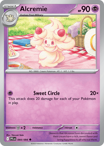 Alcremie
Phantasmal Flames
Product Details
Card Number / Rarity:044/094 / Uncommon
Card Type / HP / Stage:Psychic / 90 / Stage 1
Attack 1:[P] Sweet Circle (20x)
This attack does 20 damage for each of your Pokemon in play.
Weakness / Resistance / Retreat Cost:Mx2 / / 1
Artist:Narumi Sato
