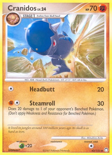 Cranidos  
Mysterious Treasures 
Product Details
Card Number / Rarity:43/123 / Uncommon
Card Type / HP / Stage:Fighting / 70 / Stage 1
Attack 1:[1] Headbutt (20)
Attack 2:[1F] Steamroll (30)
Does 20 damage to 1 of your opponent's Benched Pokémon. (Don't apply Weakness and Resistance for Benched Pokémon.)
Weakness / Resistance / Retreat Cost:G+20 / / 1