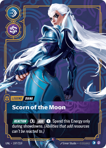 Rules
[Reaction][>] {E}: [Add] {1}. Spend this Energy only during showdowns. (Abilities that add resources can't be reacted to.)
Energy
-
Might
-
Domain
Mind
Rarity
Rare
Number
197/219
Artist
Envar Studio
Expansion
Unleashed