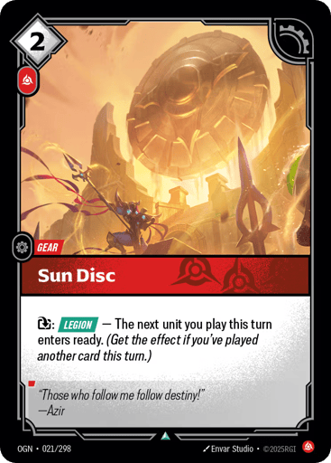 Rules
{E}: [Legion] — The next unit you play this turn enters ready. (Get the effect if you've played another card this turn.)
Energy
2
Might
-
Domain
Fury
Rarity
Uncommon
Number
021/298
Artist
Envar Studio
Expansion
Origins