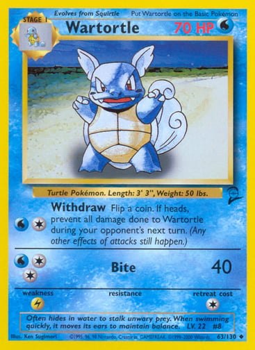 Wartortle  
Base Set 2 
Product Details
Card Number / Rarity:063/130 / Uncommon
Card Type / HP / Stage:Water / 70 / Stage 1
Attack 1:[1W] WIthdraw
Flip a coin. If heads, prevent all damage done to Wartortle during your opponent's next turn. (Any other effects of attacks still happen.)
Attack 2:[2W] Bite (40)
Weakness / Resistance / Retreat Cost:L / / 1