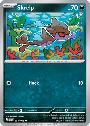 Skrelp
Product Details
Card Number / Rarity:058/086 / Common
Card Type / HP / Stage:Darkness / 70 / Basic
Attack 1:[C] Hook (10)
Weakness / Resistance / Retreat Cost:Fx2 / / 1