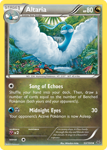 Altaria  
Roaring Skies 
Product Details
Card Number / Rarity:74/108 / Rare
Card Type / HP / Stage:Colorless / 90 / Stage 1
Card Text:Delta Evolution You may play this card form your hand to evolve a Pokemon during your first turn or the turn you play that Pokemon.

Abiltiy - Clear Humming
Each of your Colorless Pokemon has no Weakness.
Attack 1:[2] Wing Attack (30)
Weakness / Resistance / Retreat Cost:Lx2 / F-20 / 1