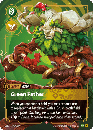 Rules
When you conquer or hold, you may exhaust me to replace that battlefield with a Brush battlefield token. (Bird, Cat, Dog, Poro, and Ivern units have +1 {M} in Brush. It can be swapped back when scored.)
Energy
-
Might
-
Domain
Calm
Rarity
Rare
Number
195/219
Artist
Envar Studio
Expansion
Unleashed