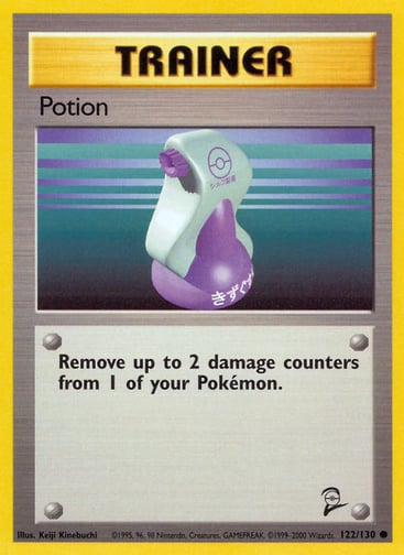 Potion  
Base Set 2 
Product Details
Card Number / Rarity:122/130 / Common
Card Type / HP / Stage:Trainer / /
Card Text:Remove up to 2 damage counters from 1 of your Pokémon.