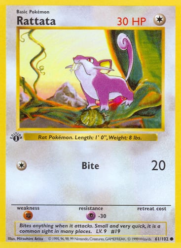 Rattata  
Base Set  
Product Details
Card Number / Rarity:061/102 / Common
Card Type / HP / Stage:Colorless / 30 / Basic
Attack 1:[1] Bite (20)
Weakness / Resistance / Retreat Cost:F / P-30 /