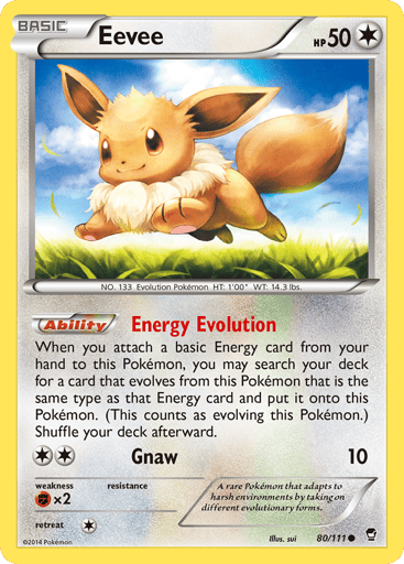 Eevee  
Furious Fists 
Product Details
Card Number / Rarity:80/111 / Common
Card Type / HP / Stage:Colorless / 50 / Basic
Card Text:Ability - Energy Evolution
When you attach a basic Energy card from your hand to this Pokémon, you may search your deck for a card that evolves from this Pokémon that is the same type as that Energy card and put it onto this Pokémon. (This counts as evolving this Pokémon.) Shuffle your deck afterward.
Attack 1:[2] Gnaw (10)
Weakness / Resistance / Retreat Cost:Fx2 / / 1